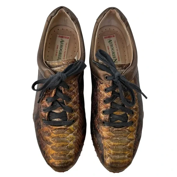 Aerogreen Italy Women Leather Spikeless Golf Shoes Size 8 Gold Snakeskin Luxury - Picture 16 of 16